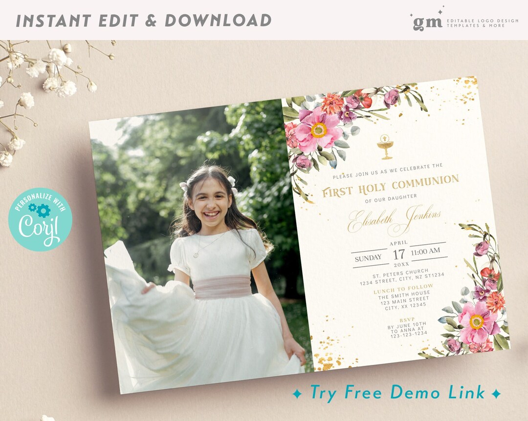 Girl Floral Communion Photo Invite Card, Pink & Gold, EDITABLE 1st Holy ...