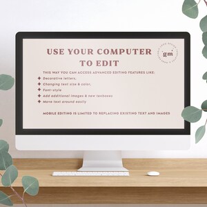 Puede incluir: Una pantalla de computadora que muestra un mensaje sobre el uso de una computadora para editar un dise&ntilde;o. El mensaje dice "Usa tu computadora para editar. De esta manera puedes acceder a funciones de edici&oacute;n avanzadas como: Letras decorativas, Cambiar el tama&ntilde;o y el color del texto, Estilo de fuente, Agregar im&aacute;genes adicionales y nuevos cuadros de texto, Mover el texto f&aacute;cilmente. La edici&oacute;n m&oacute;vil se limita a reemplazar el texto e im&aacute;genes existentes."