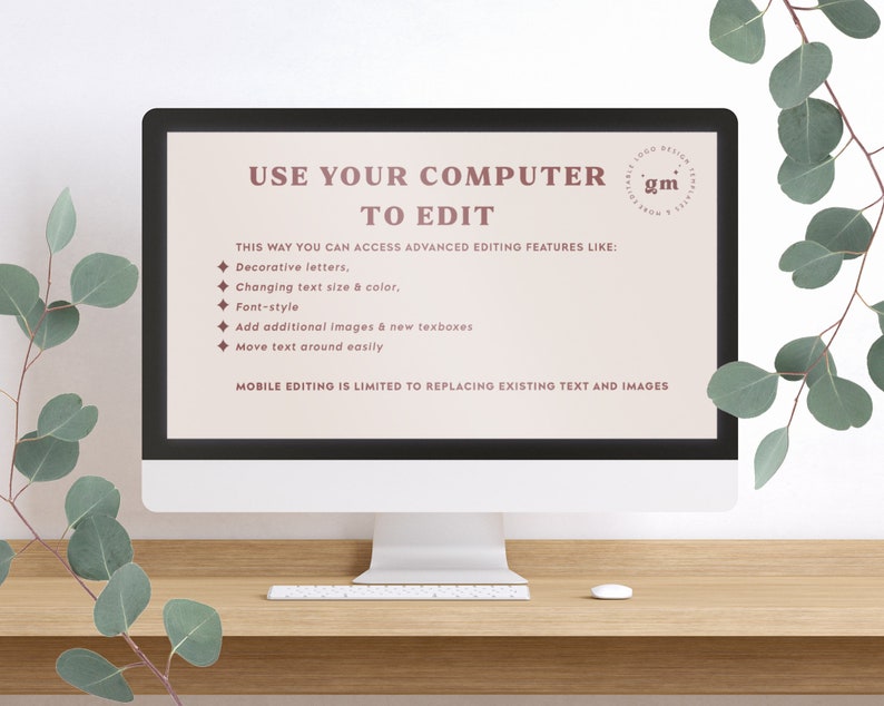 Puede incluir: Una pantalla de computadora que muestra un mensaje sobre el uso de una computadora para editar un dise&ntilde;o. El mensaje dice "Usa tu computadora para editar. De esta manera puedes acceder a funciones de edici&oacute;n avanzadas como: Letras decorativas, Cambiar el tama&ntilde;o y el color del texto, Estilo de fuente, Agregar im&aacute;genes adicionales y nuevos cuadros de texto, Mover el texto f&aacute;cilmente. La edici&oacute;n m&oacute;vil se limita a reemplazar el texto e im&aacute;genes existentes."