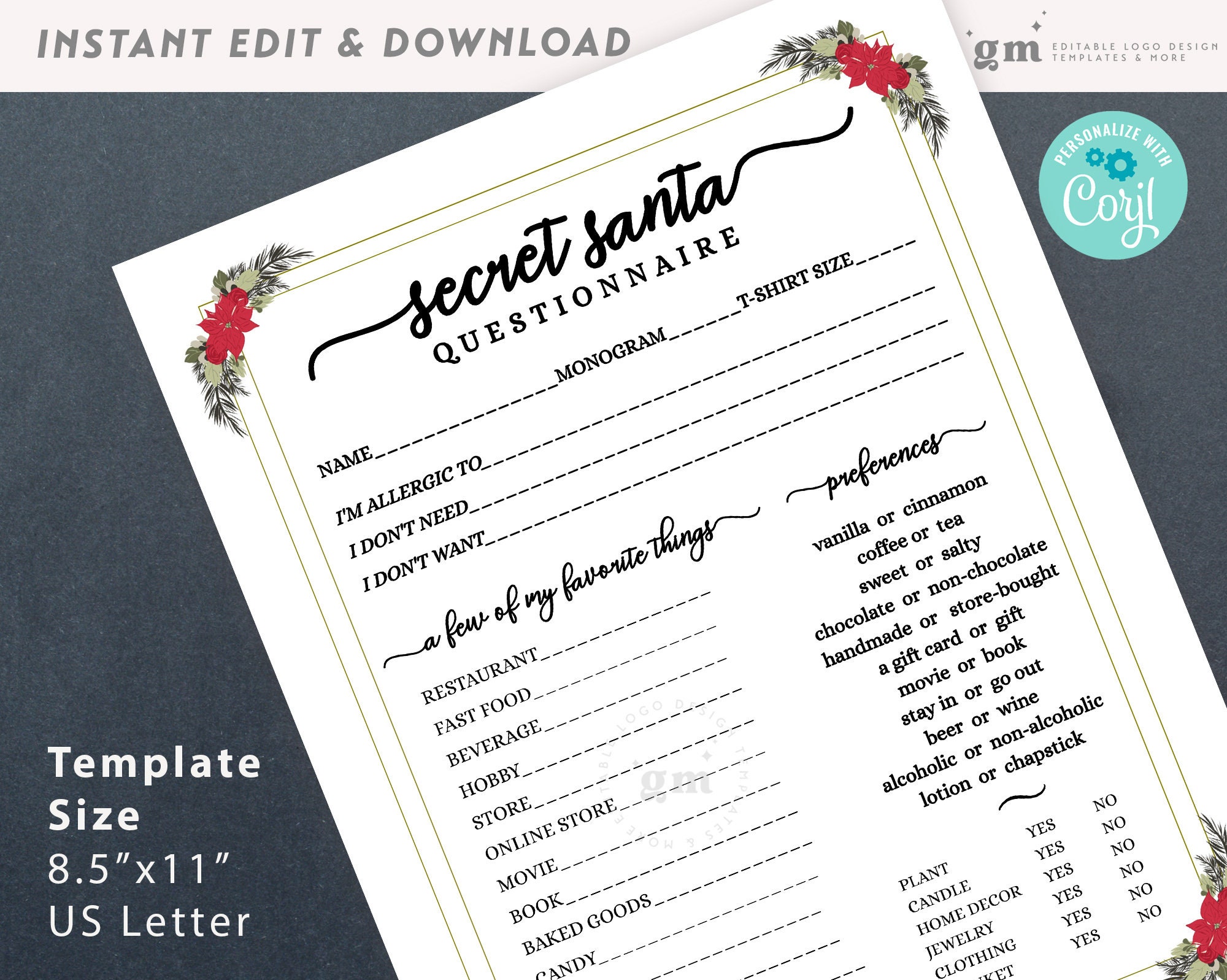 Editable Secret Santa Questionnaire My Favorite Things List - Etsy