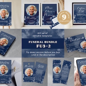 Puede incluir: Un conjunto de nueve plantillas de funeral imprimibles con un fondo azul acuarela y nubes blancas. Las plantillas incluyen una tarjeta conmemorativa, una tarjeta de agradecimiento, un letrero y un programa. Las plantillas son editables y se pueden personalizar con fotos y texto.