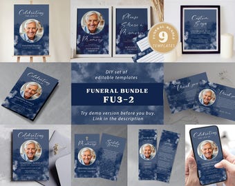 Navy Blue Clouds Funeral Template Package | Editable Celebration of Life Bundle & In Loving Memory Set | Memorial Decor FU3-2