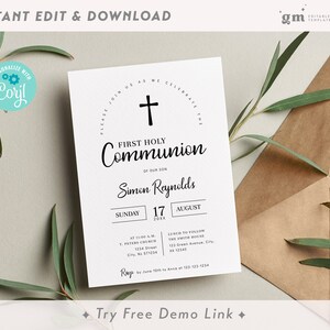 Simple 1st Communion Invite, Black, EDITABLE Minimalist First Holy Communion Invitation Template, Gender Neutral, for Girl, for Boy BA02-1