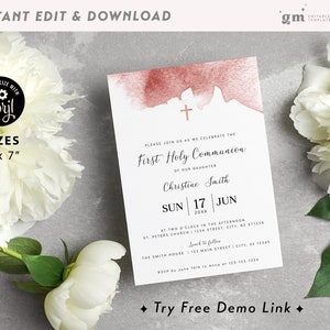 Blush Pink Girl Erste Heilige Kommunion Einladung, Minimalistische EDITIERBARE Kommunion Party Einladen Vorlage, druckbare 1 Kommunion Karte BA01-2
