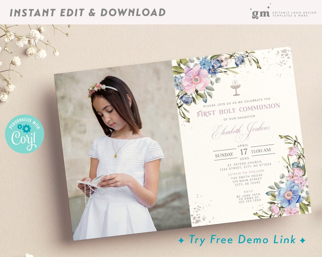 Girl Floral Communion Photo Invite Card, Pink & Blue, EDITABLE 1st Holy ...