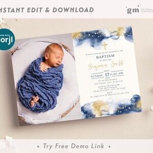 Invitación con foto para bautizo de niño, azul marino y dorado, plantilla editable Ba07-2 imagen 5