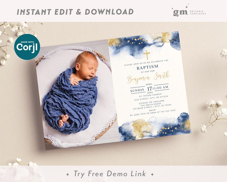 Invitación con foto para bautizo de niño, azul marino y dorado, plantilla editable Ba07-2 imagen 5