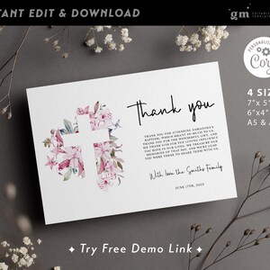 Plantilla de tarjeta de regalo de bautismo rosa, tarjeta de agradecimiento con cruz floral editable, bautizo rosa, comunión BA03-2
