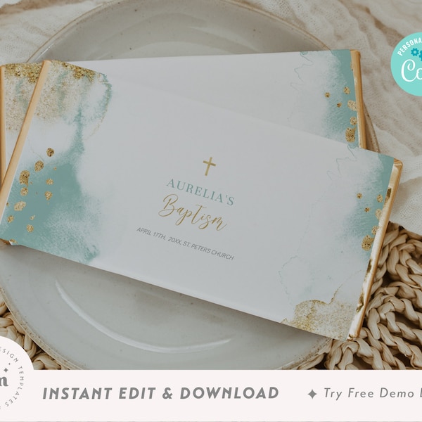 Chocolate Wrapper Template, Mint Green & Gold Editable Boy Girl Baptism Candy Bar Label, Christening, Communion, Confirmation Favor BA07-9