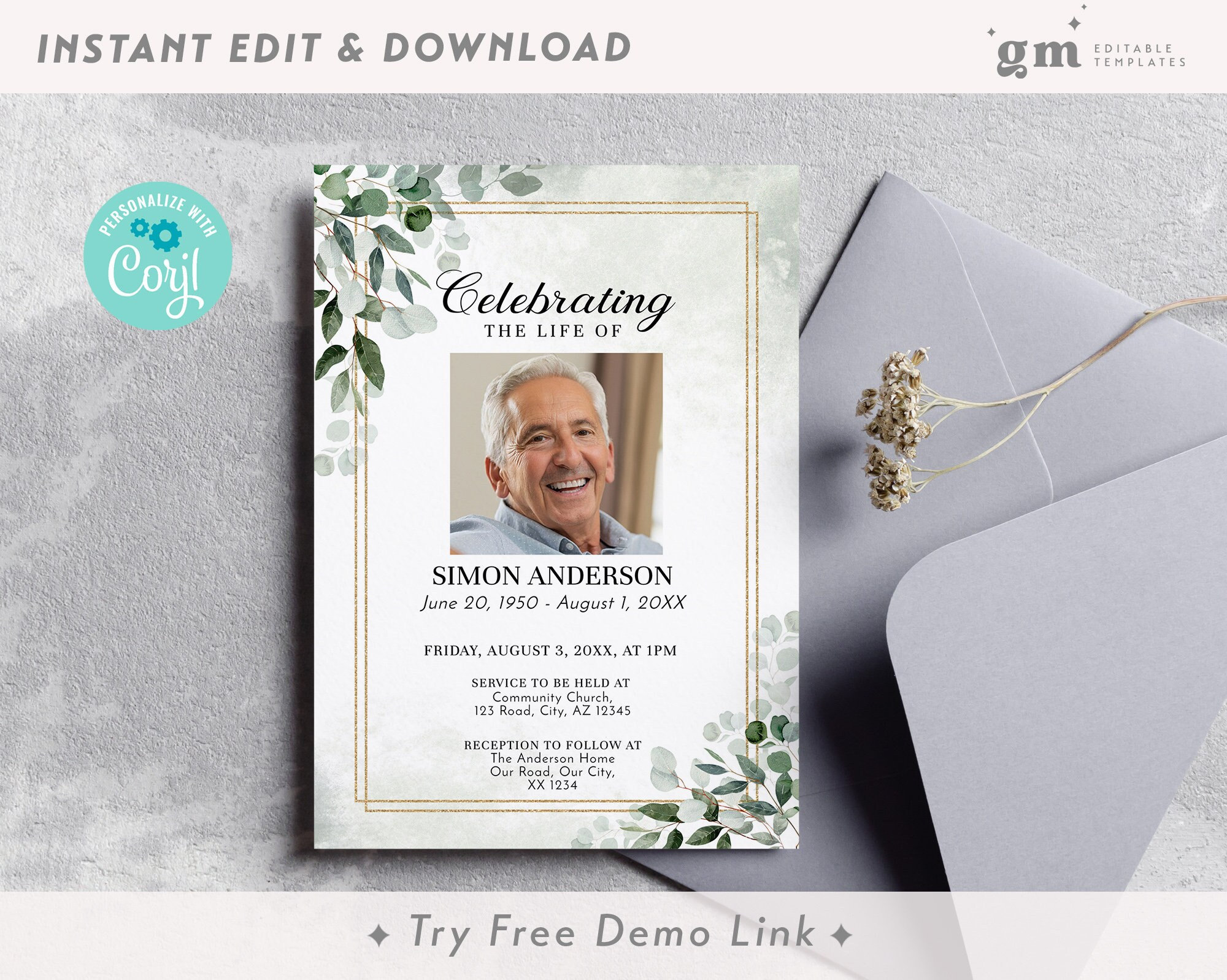 Greenery Memorial Invitation Card, Editable Funeral Announcement TEMPLATE, Celebration of Life Invite for Woman or Man, Green Leaves, FU20