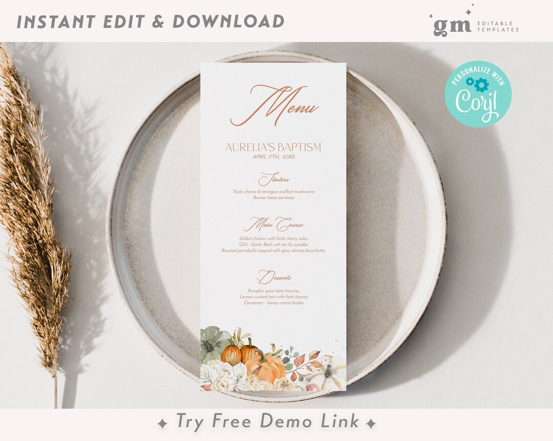 Tall Fall Dinner Table Menu Template Pumpkins Flowers EDITABLE tall-fall-dinner-table-menu-template-pumpkins-flowers-editable
