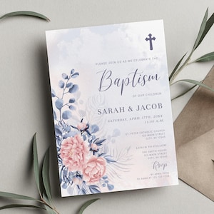 Joint Sibling Floral Baptism Invitation, EDITABLE Twin Christening Invite Template,  Boy & Girl Communion, Dusty Blue, Blush Pink BA06-1