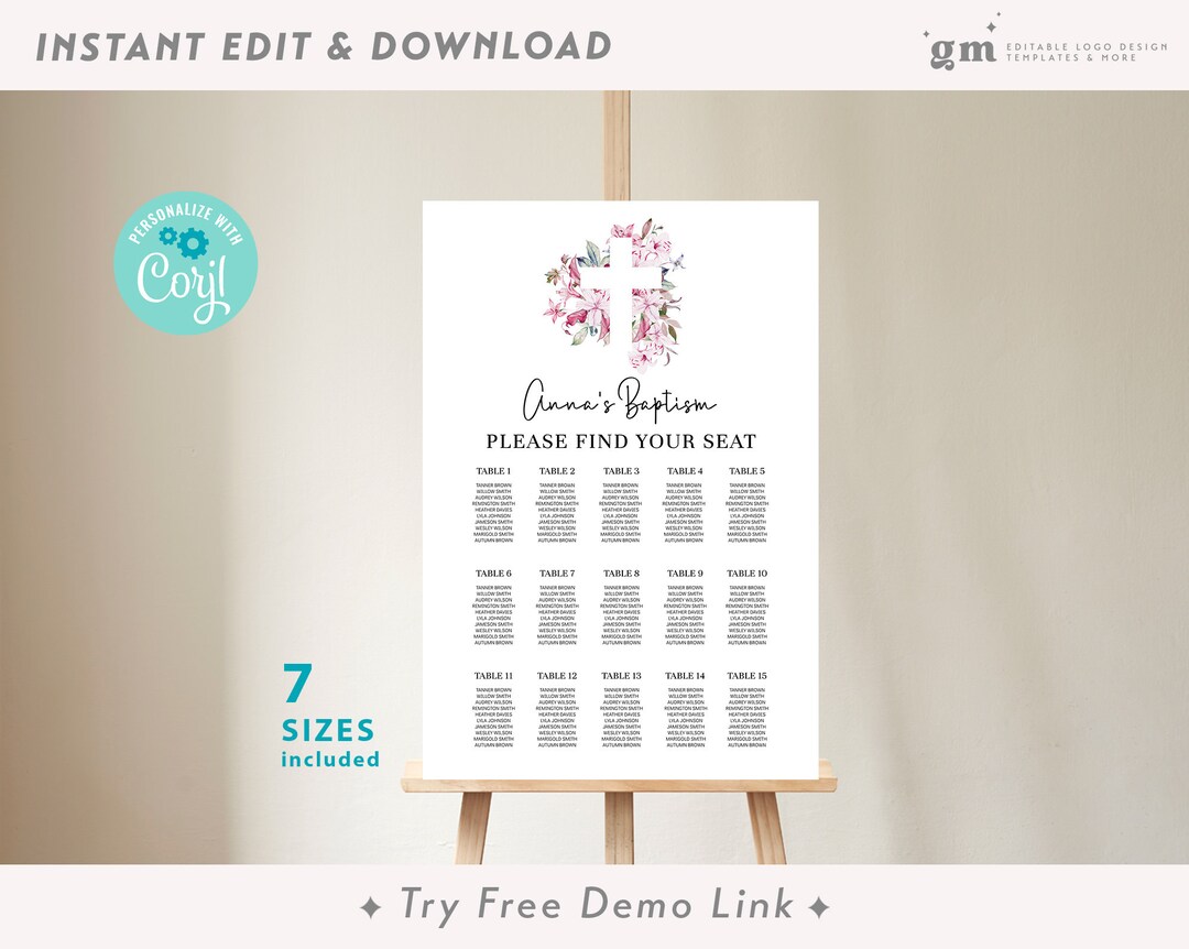 Baptism Table Floral Cross Baptism Table DIY Seating Chart, EDITABLE Communion Find ...