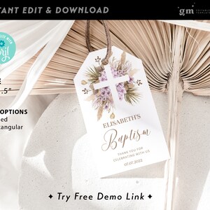 Etiqueta de presente de batismo com cruz boho, etiqueta de agradecimento floral EDITÁVEL para batismo, comunhão feminina, modelo de etiqueta de sacola de presente retangular BA05-2