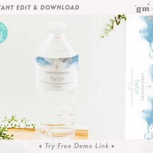 Baptism Water Bottle Label, Light Blue & Silver, EDITABLE Boy Communion Water Bottle Sticker Template, Watercolor, Confirmation Party BA07-5