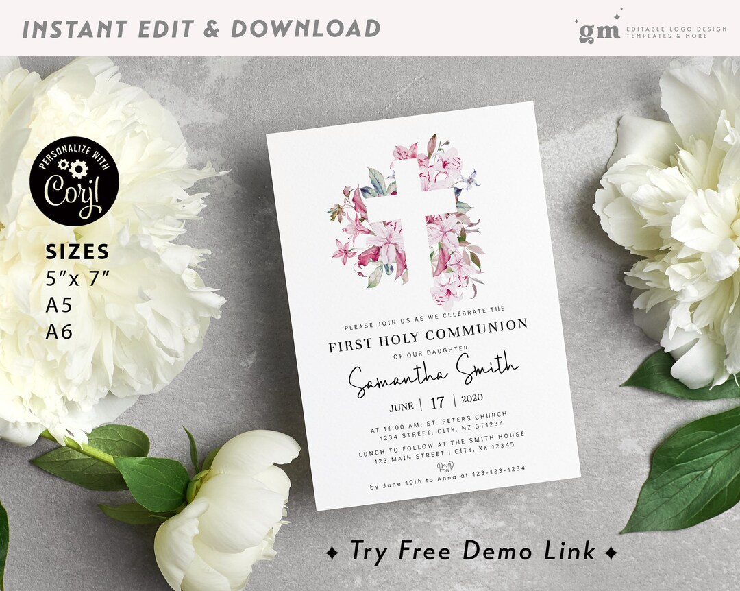Pink Floral Cross Communion Invitation, EDITABLE Girl First Holy ...