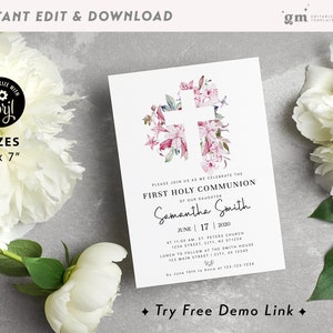 Pink Floral Cross Communion Invitation, EDITABLE Girl First Holy Communion Invite Template, 1st Communion BA03
