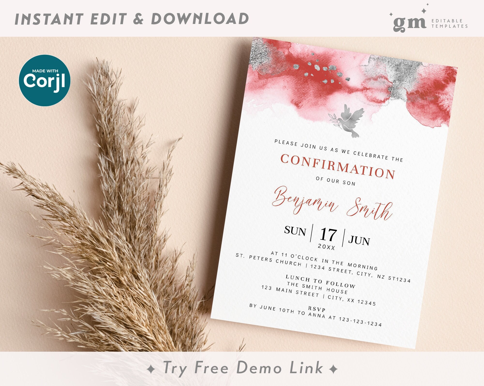 Red Confirmation Invite With Dove, Boy Watercolor Invite Template ...