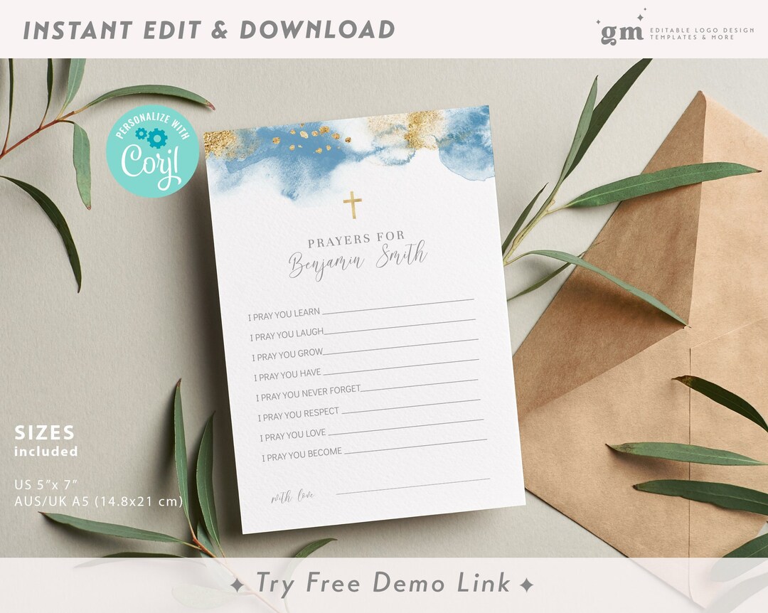 Editable Baptism Prayer Card Template, Prayers for Baby, Blue &amp; Gold ...