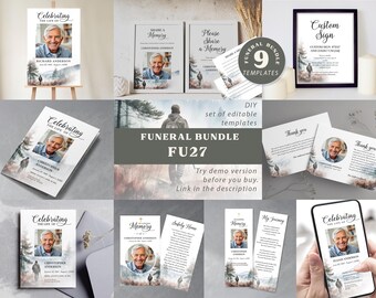 Hunter Funeral Template Package, Editable Celebration of Life Template Bundle,  Woods & Mountains, Customizable In Loving Memory Set BA27