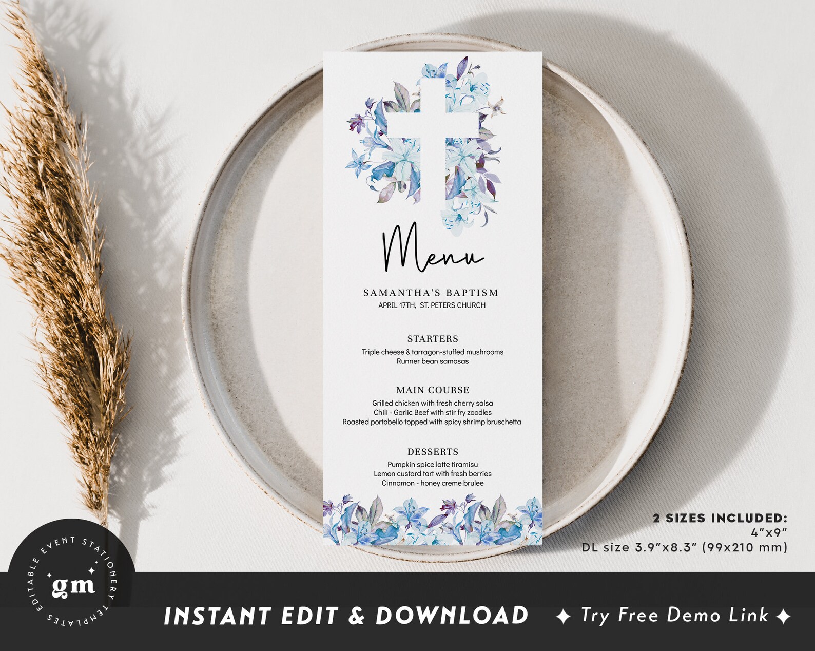 Blue Floral Cross Baptism Lunch Menu, EDITABLE Boy Communion Menu Card Template, Printable