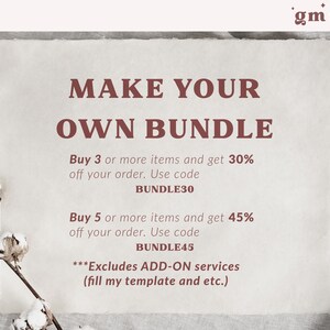 Puede incluir: Un gr&aacute;fico de texto sobre un fondo texturizado con el texto "MAKE YOUR OWN BUNDLE". El gr&aacute;fico ofrece descuentos por la compra de 3 o m&aacute;s art&iacute;culos (30% de descuento) o 5 o m&aacute;s art&iacute;culos (45% de descuento). El gr&aacute;fico tambi&eacute;n indica que el descuento excluye los servicios adicionales.