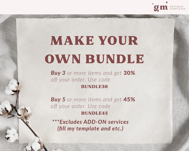 Puede incluir: Un gr&aacute;fico de texto sobre un fondo texturizado con el texto "MAKE YOUR OWN BUNDLE". El gr&aacute;fico ofrece descuentos por la compra de 3 o m&aacute;s art&iacute;culos (30% de descuento) o 5 o m&aacute;s art&iacute;culos (45% de descuento). El gr&aacute;fico tambi&eacute;n indica que el descuento excluye los servicios adicionales.