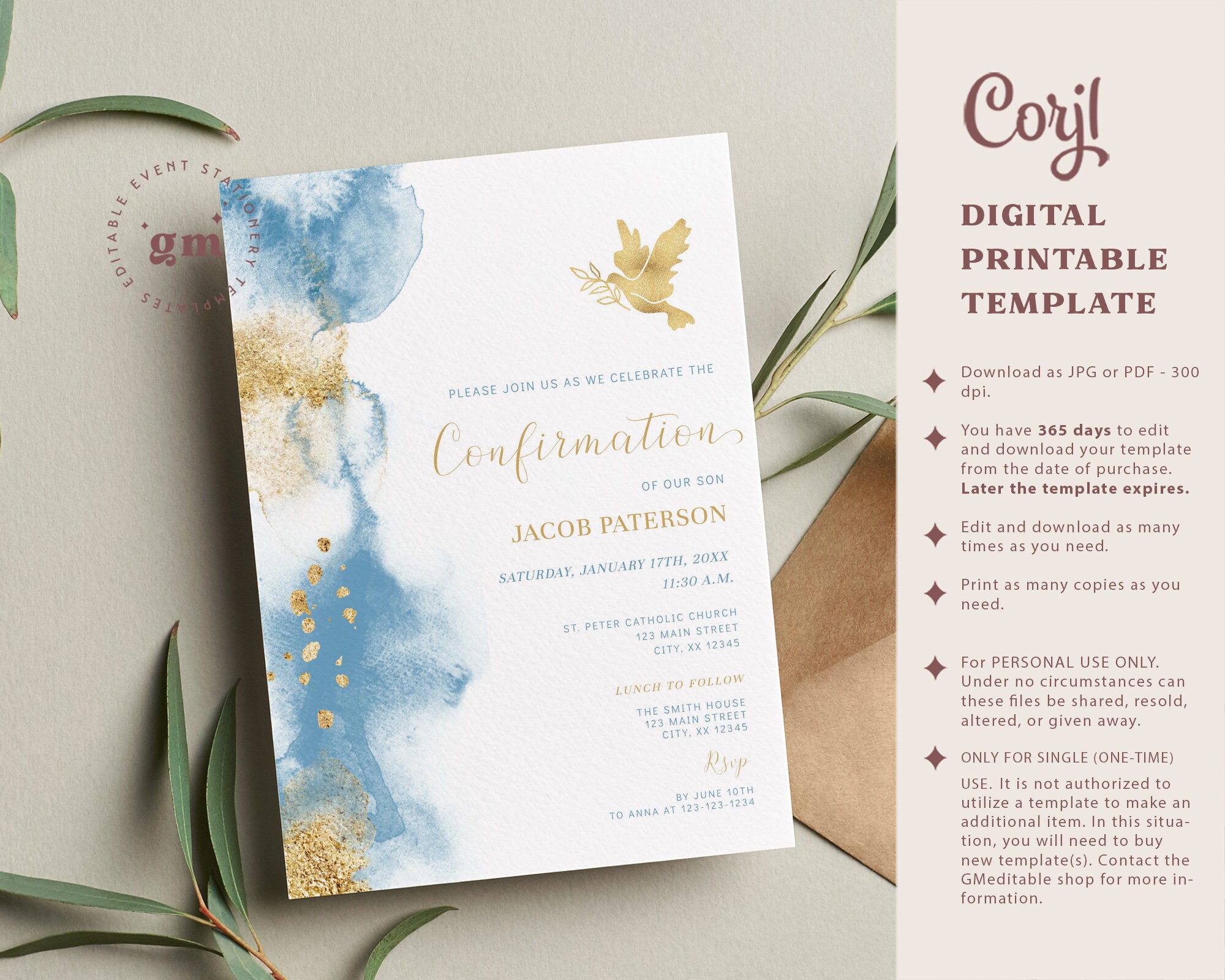 Watercolor Boy Confirmation Invite, Dove Invite Template, EDITABLE Male ...