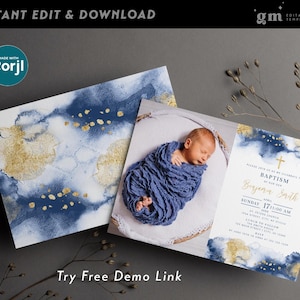 Invitación con foto para bautizo de niño, azul marino y dorado, plantilla editable Ba07-2 imagen 3