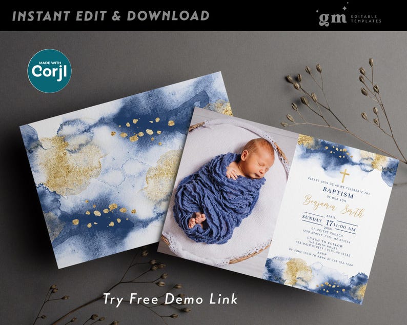 Invitación con foto para bautizo de niño, azul marino y dorado, plantilla editable Ba07-2 imagen 3