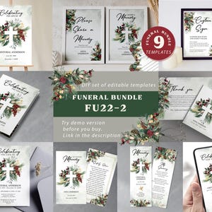 Winter Cross Funeral Template Bundle , Editable Catholic Celebration of Life Set, Christmas Customizable In Loving Memory Package FU22-2