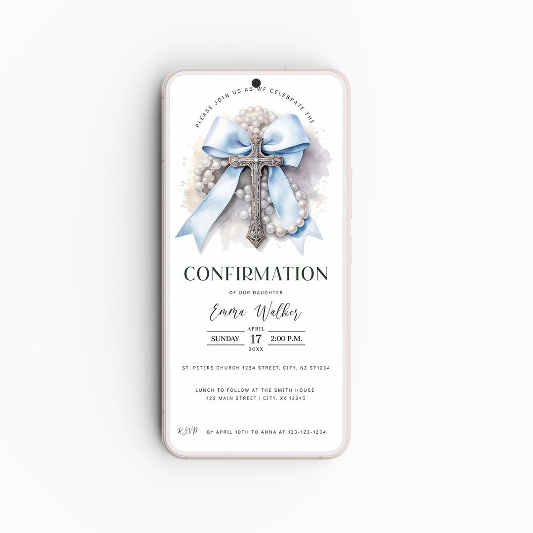 Bow Confirmation Electronic Invite Template, Light Blue, EDITABLE Cross ...