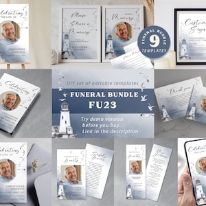 Bewerkbaar zeeman-begrafenissjabloonpakket, Sea & Birds Celebration of Life-bundel, vuurtoren aanpasbaar in Loving Memory Set FU23