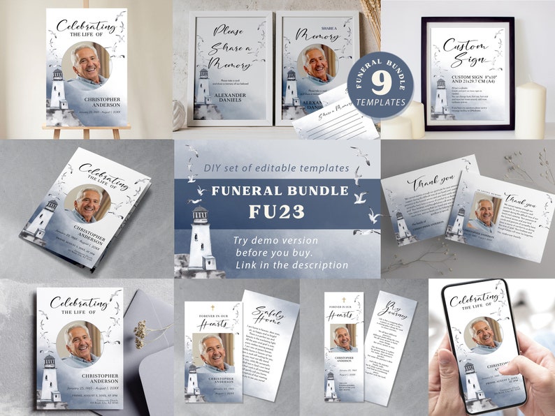 Editable Sailor Funeral Template Package, Sea & Birds Celebration of