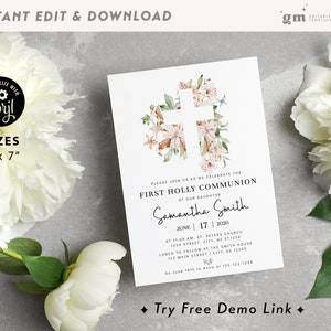 Green Floral Cross Communion Invitation, EDITABLE Girl First Holy Communion Invite Template, Neutral 1st Communion BA03