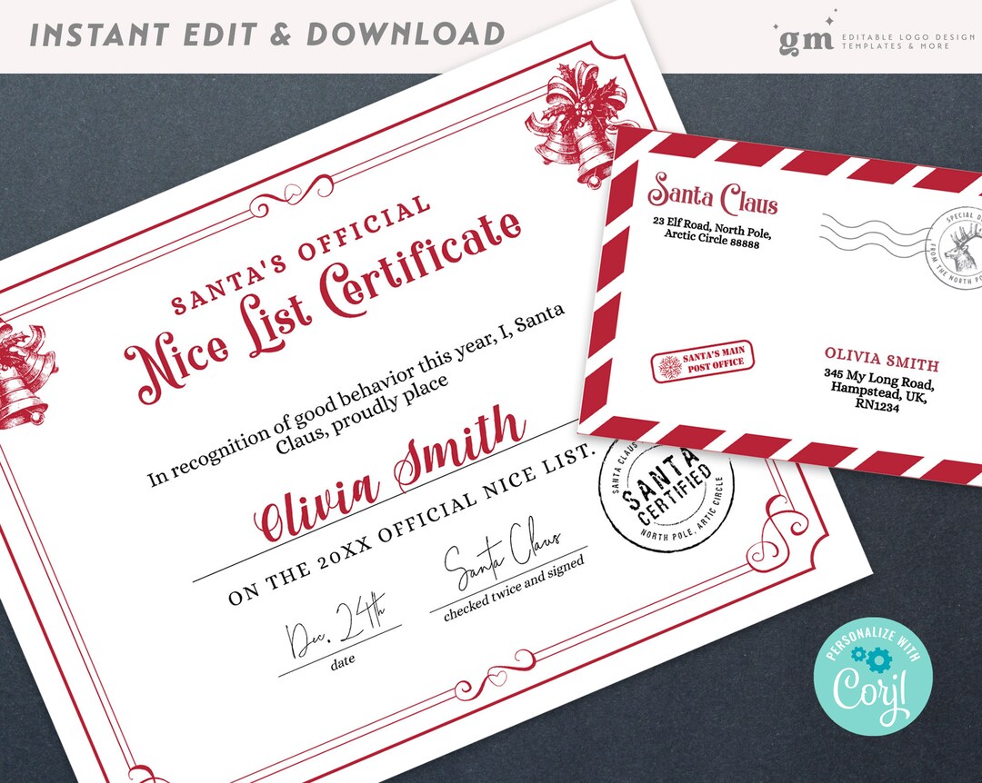 Printable Santa's Nice List Certificate Editable North - Etsy