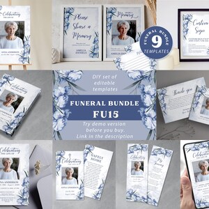 May include: A set of 9 printable funeral templates featuring a watercolor floral design with blue and white irises. The templates include a memorial sign, thank you cards, and a program. The text on the templates reads "Celebrating the Life of", "Please Share a Memory", "Thank You", and "Custom Sign".