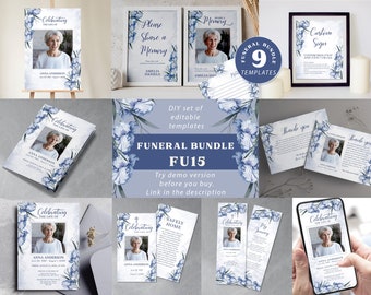 Blue Iris Funeral Template Bundle , Editable Floral Celebration of Life Set, Blue Flower Customizable In Loving Memory Package FU15
