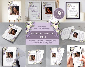 Editable Funeral Template Bundle, Purple & White Flowers, Wisteria Celebration of Life Set, Floral Customizable In Loving Memory Package FU1