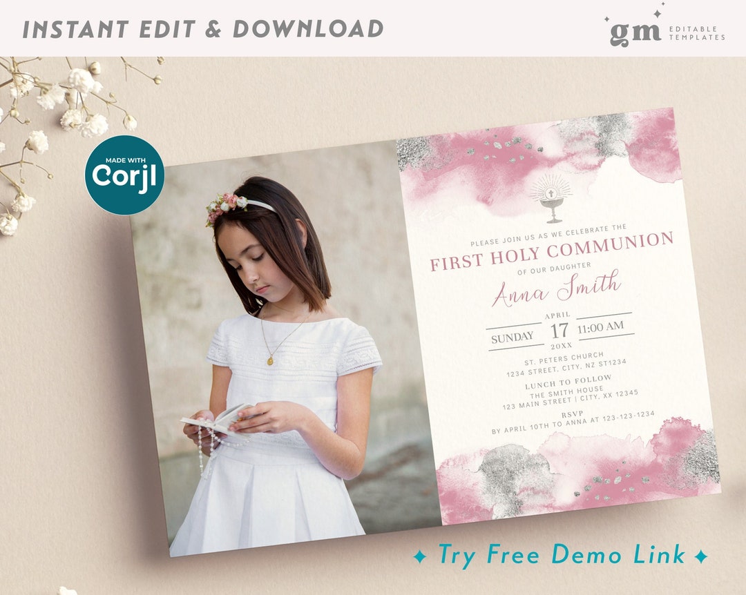 Girl 1st Communion Picture Invitation With Chalice, EDITABLE First Holy ...