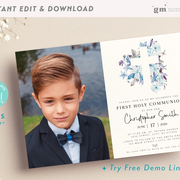 Floral Cross 1st Communion Photo Invite Card, Editable Boy First Holy Communion Invitation Template, Blue, Picture invitation BA03-3