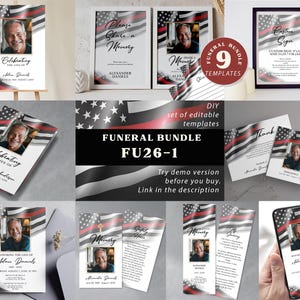 May include: A set of nine printable funeral templates featuring a red and white American flag design. The templates include a memorial card, a thank you card, a sign, and a memory card. The templates are editable and can be customised with photos and text.