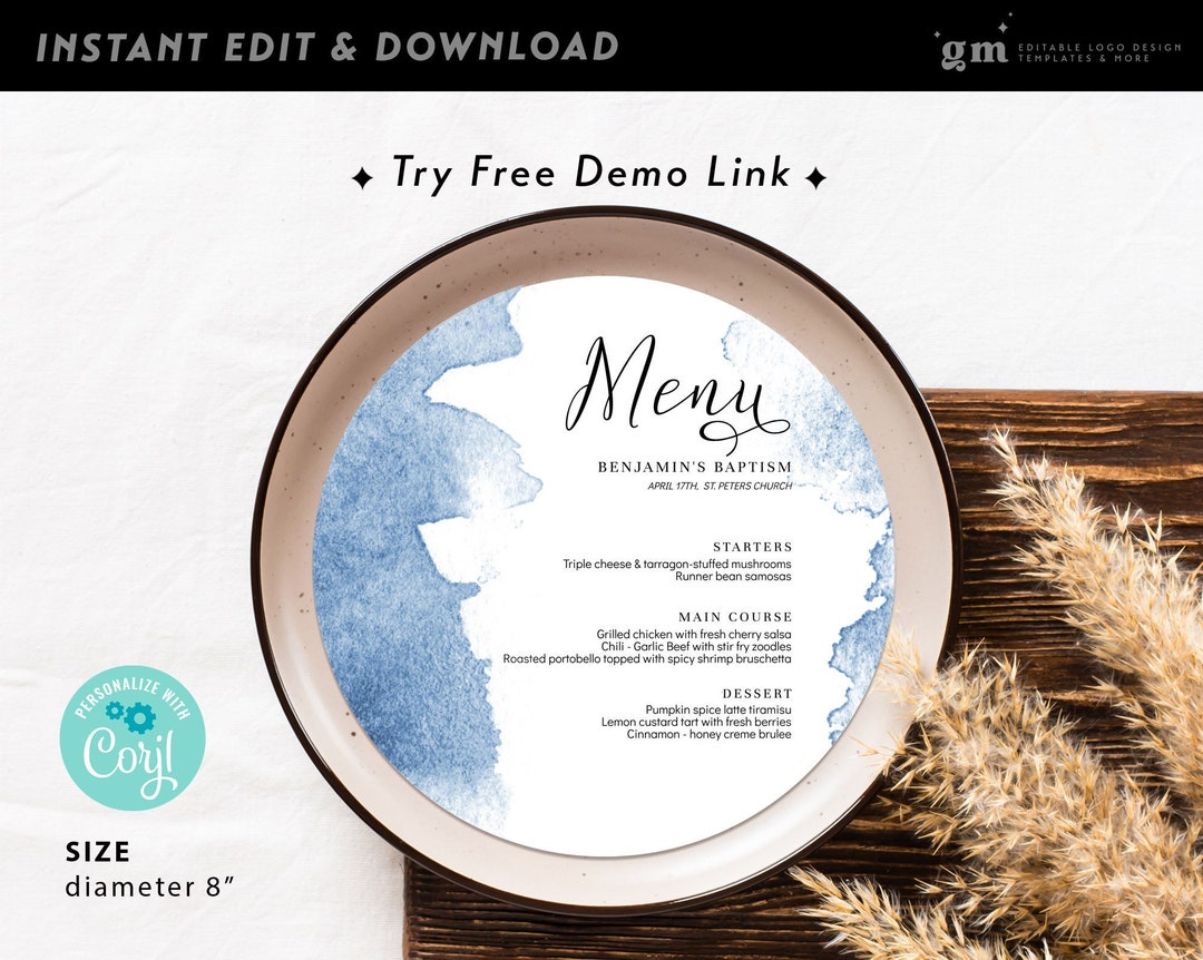 Round Blue Lunch Menu, EDITABLE Boy Baptism Menu Template, Printable