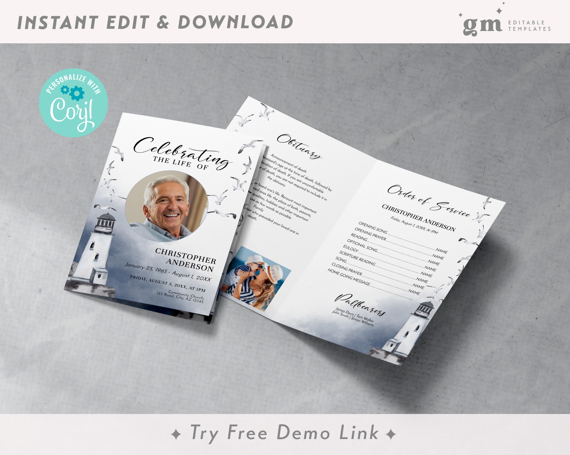 4 Page Funeral Program, Sea & Birds, Editable Obituary TEMPLATE, Bifold ...