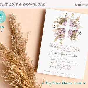 Boho Cross Kommunion Einladung, Pampas Grass Bearbeitbar Erste Heilige Kommunion einladen, Boho Mädchen Kommunion Kartenvorlage BA05-2