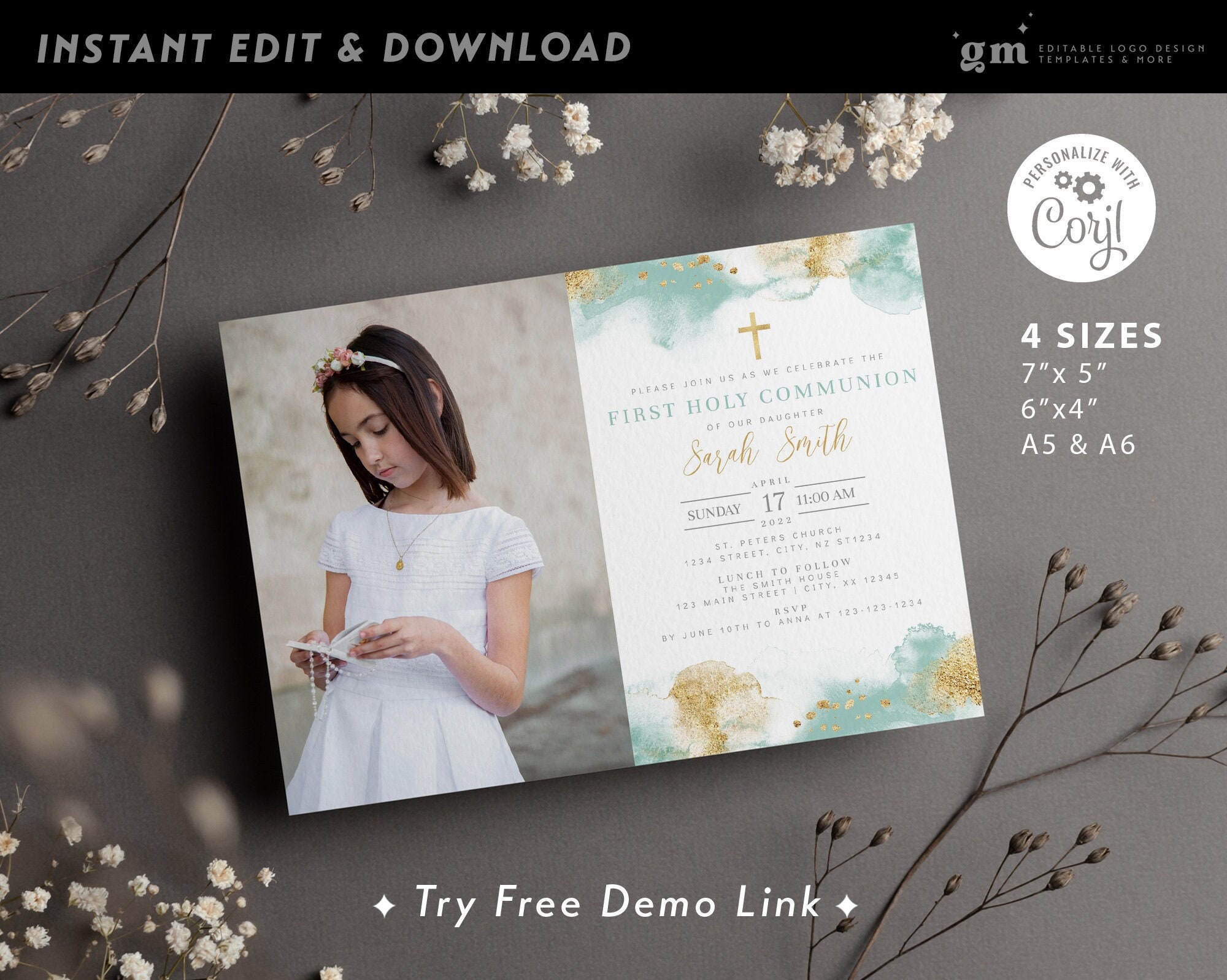 Communion Mint Mint Gold Communion Photo Invitation, Editable Printable Boy Girl First ...