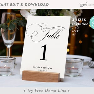 Elegant Wedding Table Number Sign, EDITABLE Modern Table Number Card Template, Calligraphy, Minimal, DIY, 4x6, 5x7 WE1