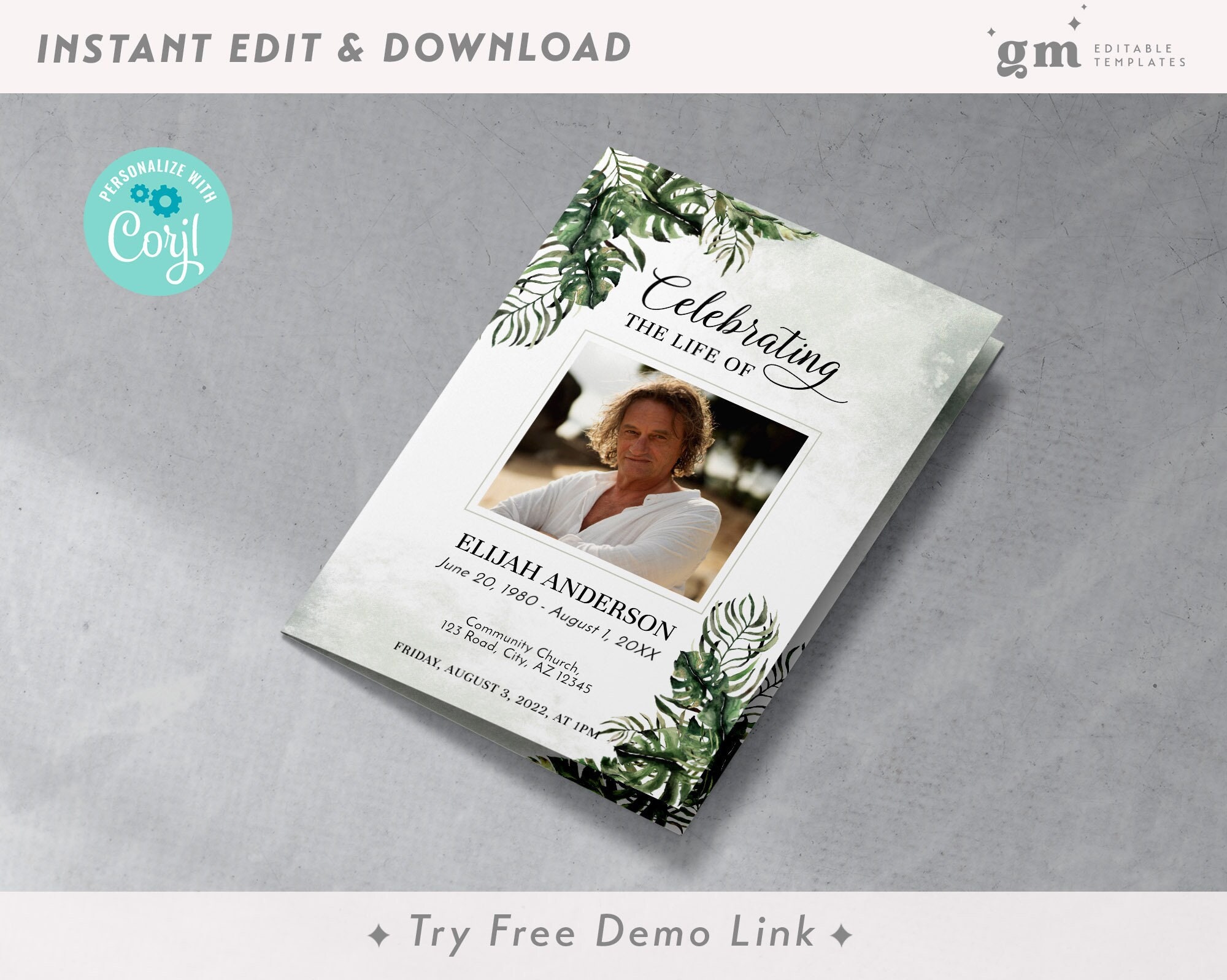 4 Page Funeral Program, Tropical Leaves, Editable Greenery Obituary TEMPLATE, Bifold Brochure, Memorial Service for Woman or Man, DIY FU2