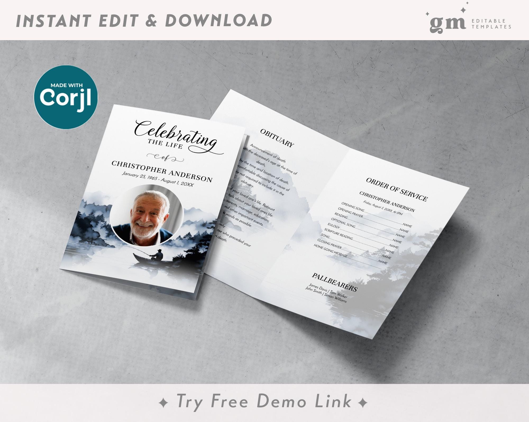 Fish Funeral Program Design 4 Page Fisherman Funeral Program, Editable River & Boat Obituary ...