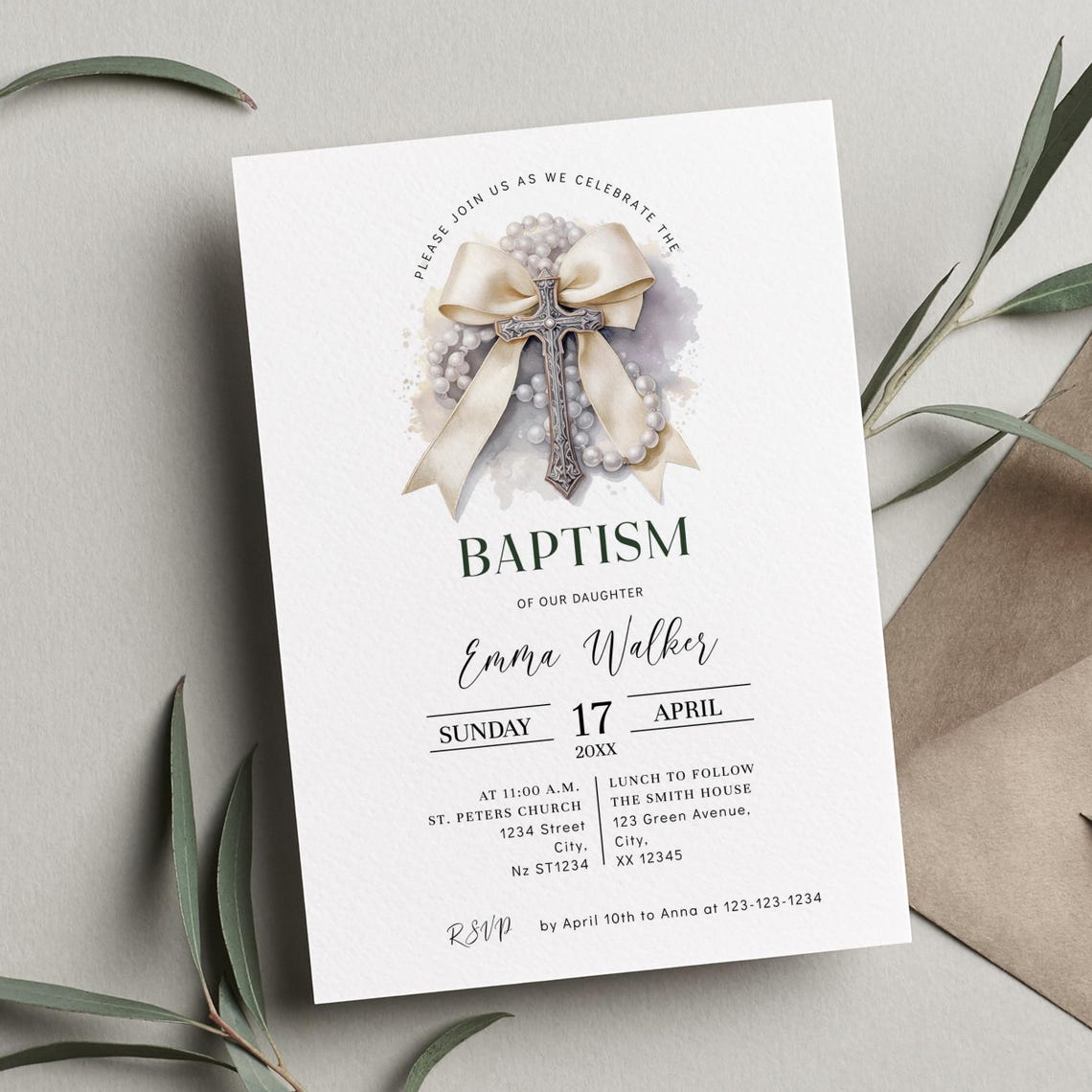 Beige Bow Baptism Invitation, EDITABLE Rosary Christening Invite